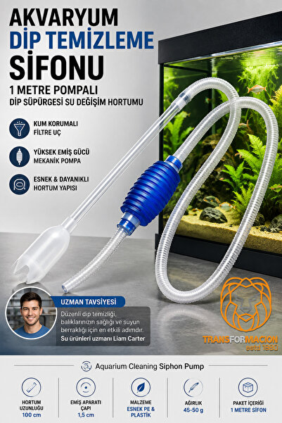 Transformacion Akvaryum Dip Temizleme Sifonu 1 Metre Pom palı Dip Süpürgesi S...