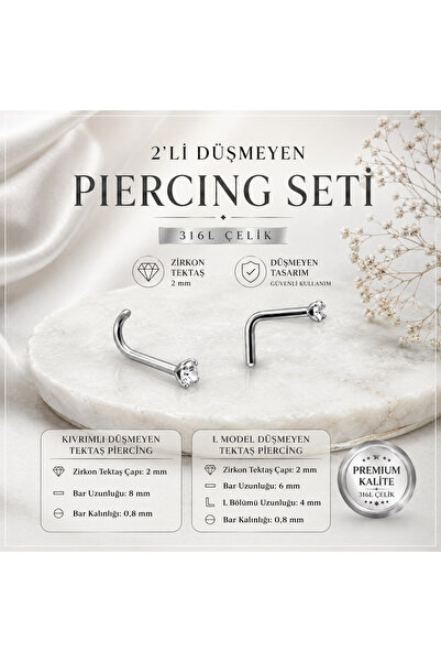 Heppii 2 Adet Düşmeyen Çelik Hızma seti 2mm Tektaş Kıvrımlı ve L Model pierci...