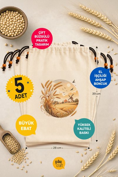 yibucraft | 5 Pieces |   Multi-Purpose Printed Legume Pouch Nuts Pouch and Dried Food Pouch - 100% Cotton Raw Cloth Fabric |   Model-02 |