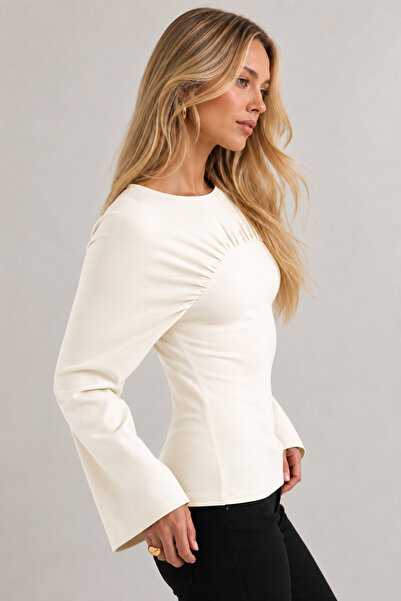 fablair Women's Crew Neck Underbust Drawstring Detailed Long Sleeve Spanish Sleeve Blouse