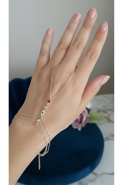 Genel Markalar 14k Altın Kaplama 7 Element Renkli Taşlı Çoklu Zincirli Gold Ş...