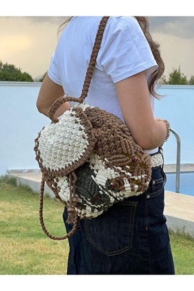 lakeyf Kadın El Örgüsü Makrome Sırt Çantası Kahverengi Ekru Haki Renk El Yapı...