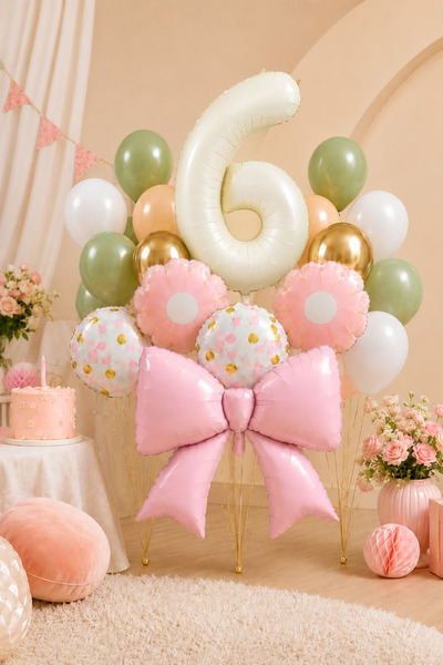 Atölye Mi 6 Years Old Retro Cream Pink Bow Concept Birthday Balloon Chain Set...