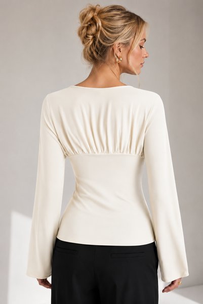 fablair Women's Crew Neck Underbust Drawstring Detailed Long Sleeve Spanish Sleeve Blouse