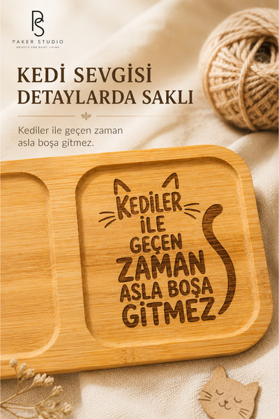 PakerStudio 2-Compartment Laser-Engraved Bamboo Coffee Presentation Stand for Cat Lovers