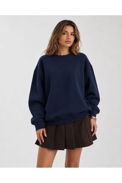 Mad&Calf Women's Crew Neck Unprinted Basic Oversize Cotton Plain Sweatshirt