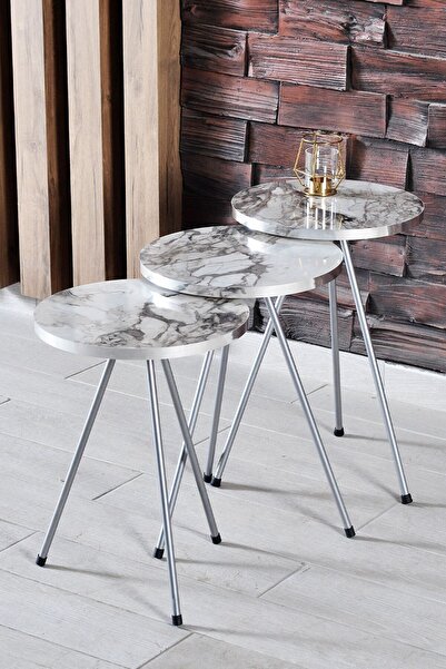 QUATTRO HOME Gümüş Metal Ayaklı Mermer Desenli 3'lü Zigon Sehpa Takımı