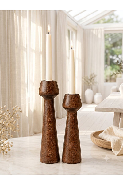 linsa Ahşap 2'li Şamdan Seti Ceviz Rengi Dekoratif Mumluk (17.5 cm & 15 cm)