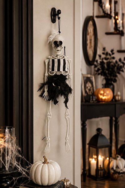 Patladı Gitti Beyaz Fiyonklu Tüllü İskelet Süs 43 Cm Halloween Cadılar Bayram...