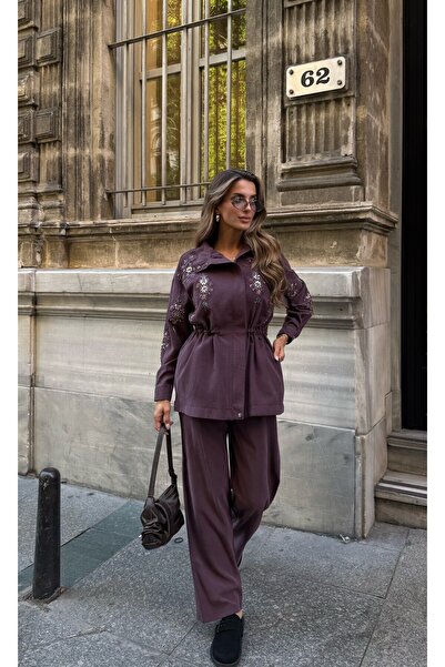 MİA NOURA Women's Front Sleeves with Bead Embroidery Tansel Fabric Bambir Cek...