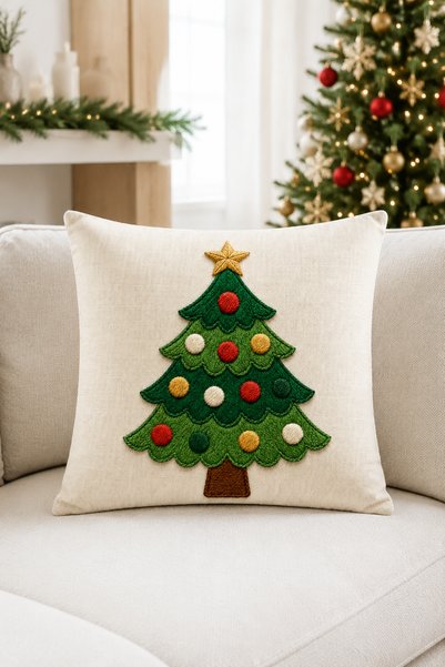 stellahomes 3D Embroidery Look Digital Printed Pine Tree and Christmas Ornaments Patterned Christmas Decorative Throw Pillow Cover– (Double-Sided)
