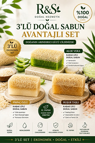 R&S Doğal Kozmetik 3-Piece Pumpkin Fiber Soap Set - Aloe Vera + Rice Extract ...