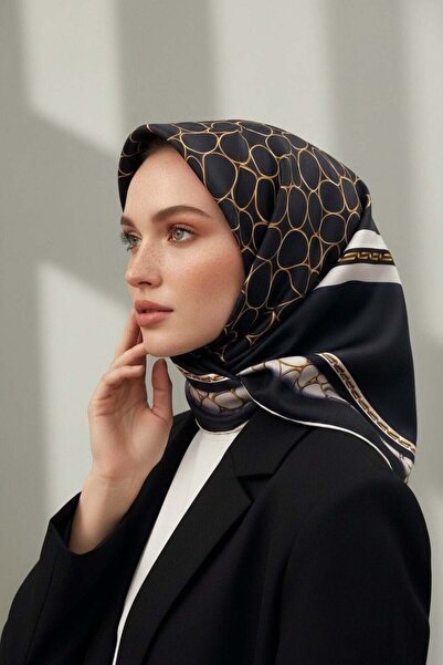 Vissona Tivil Silk Scarf 17147 - 1 - 0001- 0003 Black Cream Circle Pattern