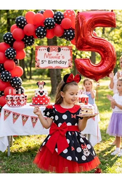 NA ADDESIGN Kız Çocuk Mickey Mouse Desenli Kırmızı Tüllü Kabarık Tasarım Elbise