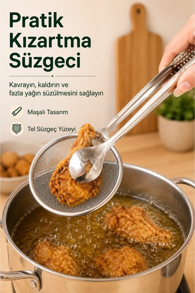 FLY LIFE Frying Strainer with Tongs Metal Oil Draining Tool Potato Chicken Serving Tongs