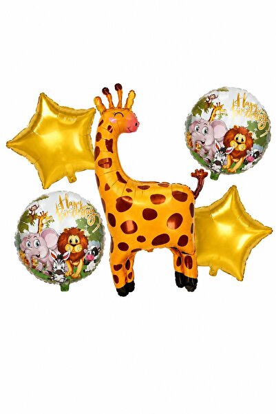Patladı Gitti Set of 5 Giraffe Themed Happy Birthday Foil Balloons – Safari a...