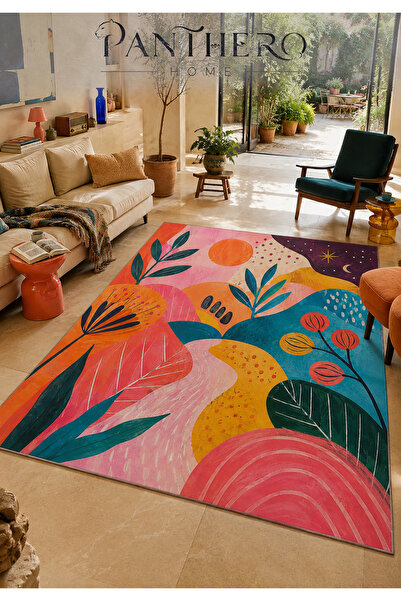 Panthero Home Pembe Turuncu Çiçek ve Yaprak Desenli Kaymaz Taban Süngerli Yık...