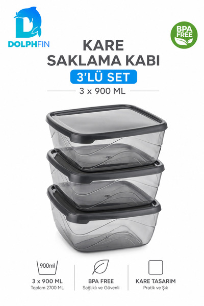 DolphFin 3-Piece Square Storage Container Set 3X900 ml with Smoked Transparen...