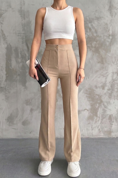 MORRO Women's Beige Classic High Waist Relaxed Cut Office and Casual Trousers