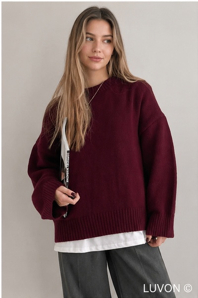 LUVON Bordo Bisiklet Yaka Oversize Kadın Triko Kazak