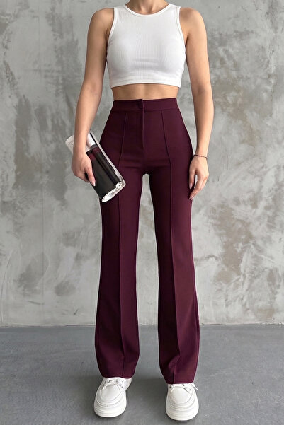 MORRO Women's Burgundy High Waist Front Stitched Spanish Flare Fabric Trousers