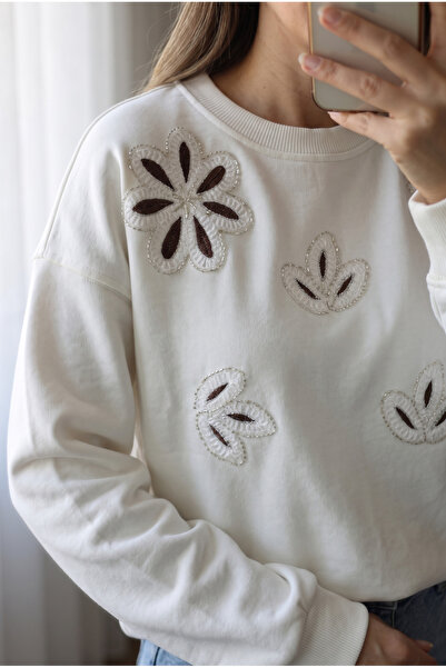 FEMELLE White Embroidered Bead Embellished 100% Cotton Sweatshirt
