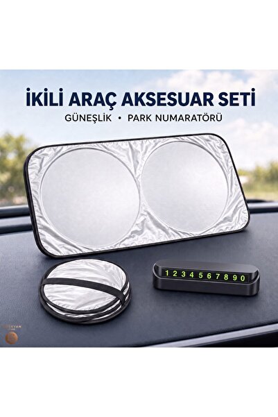 2'li Araç İçi Pratik Set, Katlanabilir Ön Cam Güneşliği + Manyetik Geçici Park Numaratörü