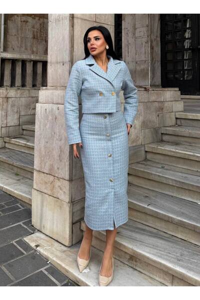 Lovely butik Set de fustă și jachetă din tweed pentru femei, cu nasturi aurii, argintiu, elegant, din două piese