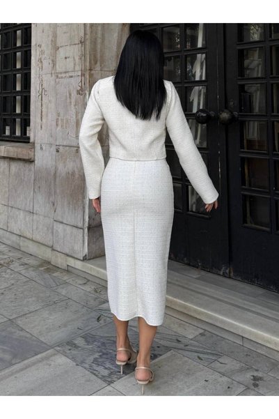 Lovely butik Set de fustă și jachetă din tweed pentru femei, cu nasturi aurii, argintiu, elegant, din două piese