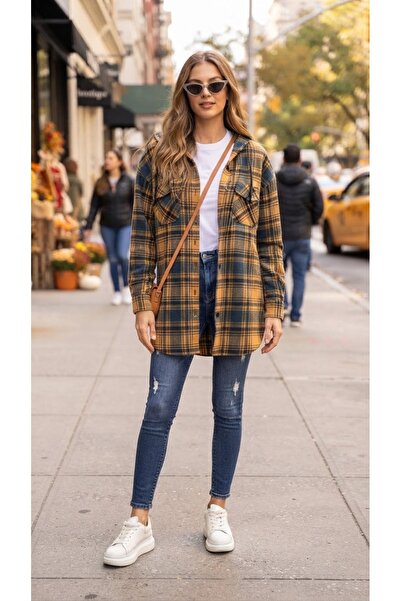 Polologin Butik Mustard Yellow and Navy Blue Plaid Patterned Long Hooded Lumb...