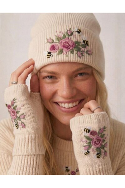 ZERELLE COLLECTİON Women's Basic Wool Beret and Glove Set with Embroidery for...