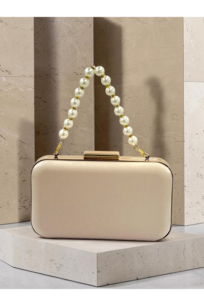 Biçanta Skin Color Striped Satin Gold Detailed Crystal Stone Chain Strap Women's Evening Dress Bag Wedding Engagement Graduation