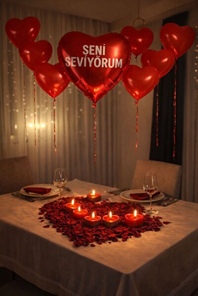 BalonArt Seni Seviyorum Kalp Balon Romantik Sürpriz Yemek Seti Mum Kuru Gül S...