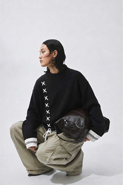TRAFFOO CLUB Women's Oversize Knitwear Sweater with Side Tie Detail and Crew ...