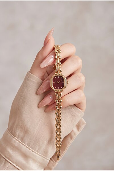 KLISHE Butik Kadın Çelik Saat Minimal Gold Renk & Bordo Kadran Vintage Old Mo...