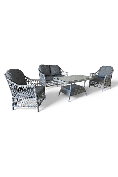 MONALİN HOME GARDEN Lizbon Gri 4 Kişilik(2-1-1-Masa) Rattan Örgü Bahçe & Balk...
