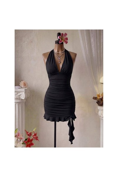 OEM Rochie plisată, de culoare uni, cu decolteu în V și halter