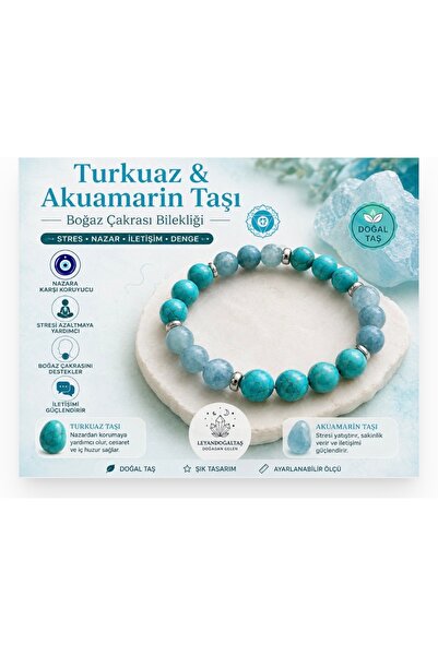 Leyandoğaltaş Aquamarine Turquoise Natural Stone Bracelet Stylish Design Suit...