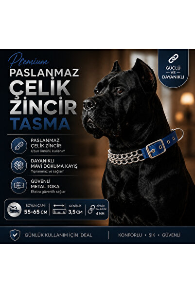 Baron Pet Köpek Zincir Boyun Tasması Paslanmaz Çelik Mavi Dokuma Kayış 55-65 ...