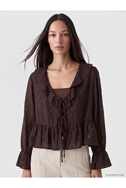 LC Waikiki Ozmarka New Season Brown V-Neck Ruffled Blouse with Tie Detail
