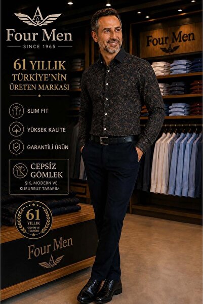 EREN STYLE Original Printed Cotton Poplin Slim Fit Long Sleeve Pocketless Men...