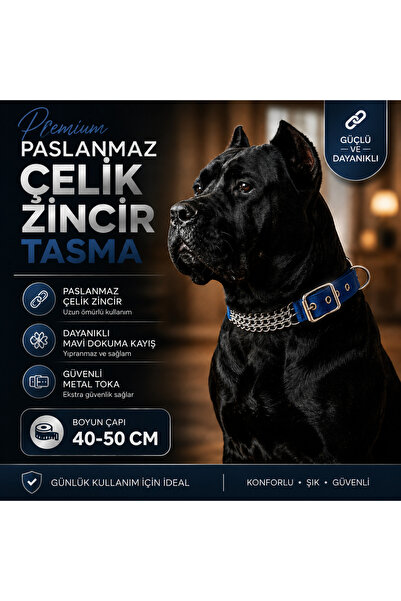 Baron Pet Köpek Zincir Boyun Tasması Paslanmaz Çelik Mavi Dokuma Kayış 40-50 ...