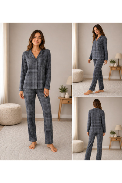 Aysha Ekose Antrasit Pijama Takımı Uzun Kollu Düğmeli Gömlek Yaka Rahat Kesim
