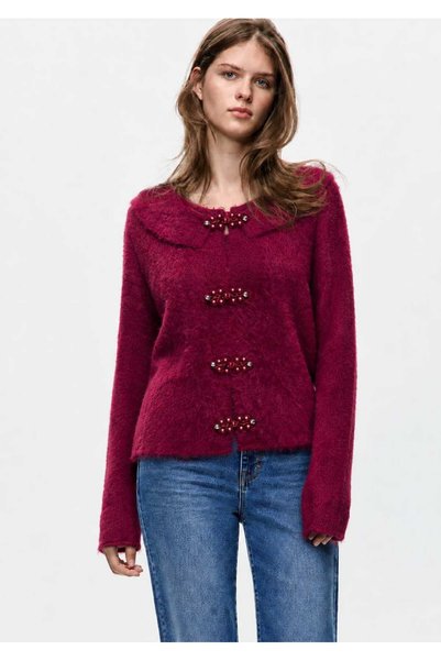 TRAFFOO CLUB Women's Ecru Wide Collar Stone Detailed Bearded Knitwear Cardigan