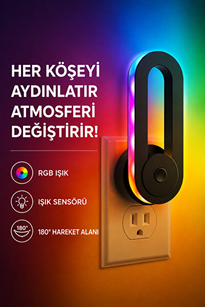 Başkenttekno RGB Akıllı Gece Lambası, Işık Sensörlü 180° Dönebilen Dekoratif ...