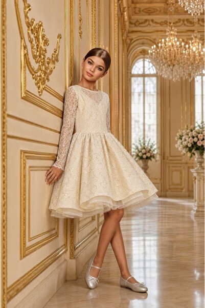 By Feyza Kids Collection Kız Çocuk Dantelli Kabarık Abiye Elbise Uzun Kollu