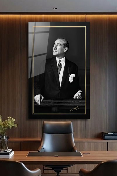 home dekors Mustafa Kemal Atatürk Portresi Cam Tablo - Ofis - Kurum - Hediyel...