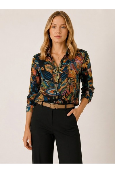 SheLoria Women's Black Viscose Patterned Long Sleeve Buttoned Colored Shirt