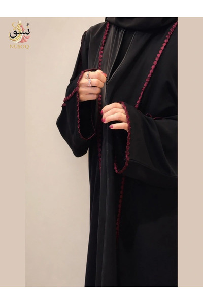 nosouq عباية أحلام | تطريز عنابي يدوي بقصة ربع كلوش