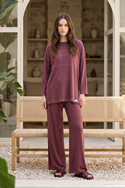 Lale Butik Sewn and Label Detailed Trousers Suit 26228 Plum